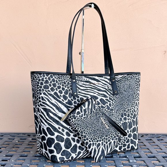 Michael Kors Carter Large Open Tote Bag + Double Zip Wallet MK Zebra Print Black - Picture 3 of 16